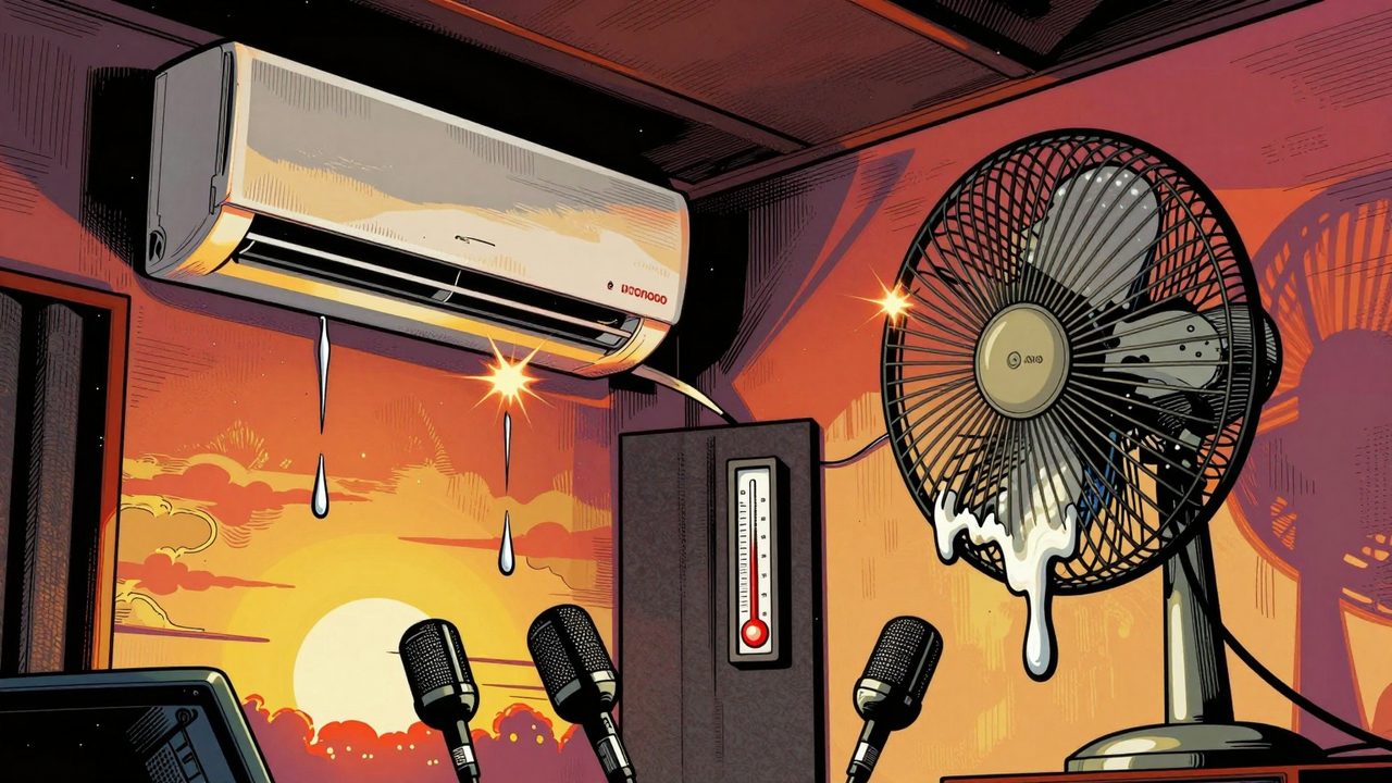 Ilustración de un estudio de grabación sofocante con un aire acondicionado roto, un ventilador derritiéndose y un termómetro a punto de estallar
