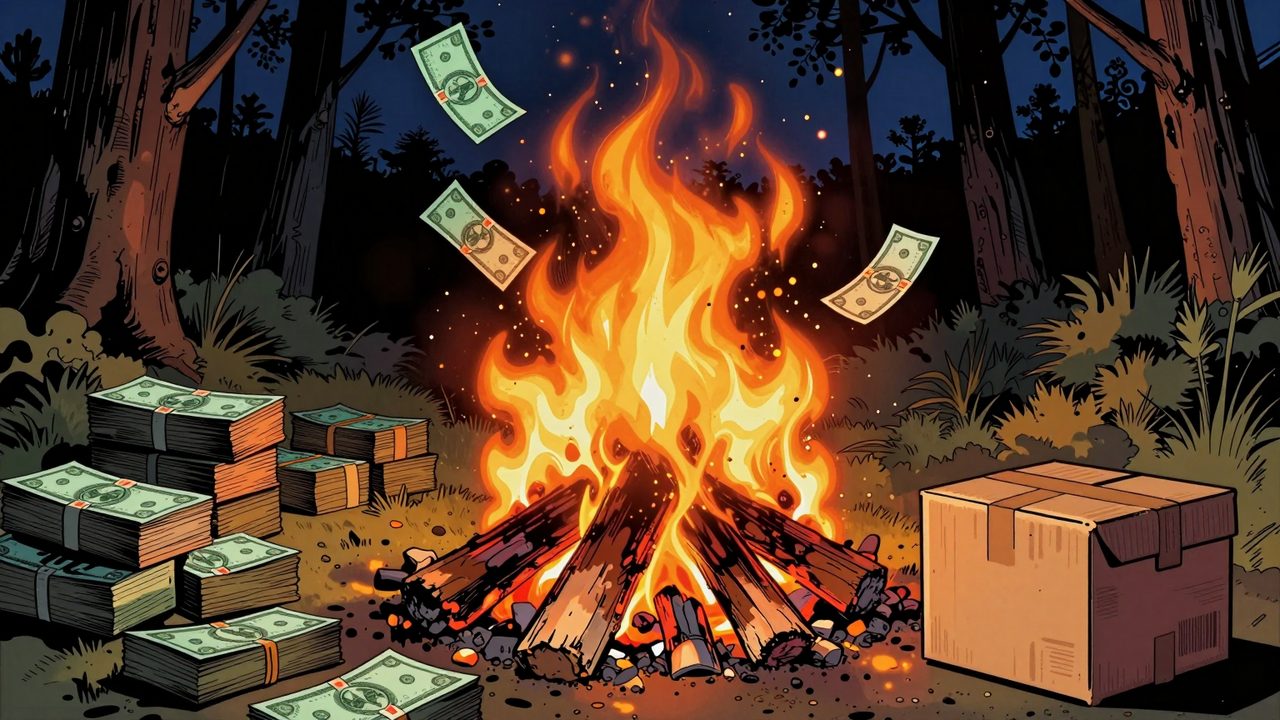 Ilustración de una hoguera nocturna donde arden billetes y cupones de descuento junto a una caja de envío de cartón