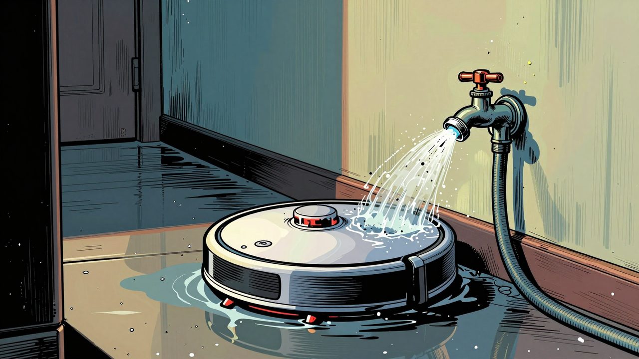 Ilustración de un robot aspirador en un pasillo inundado, con una manguera que salpica agua desde un grifo roto y una mancha de humedad en la pared