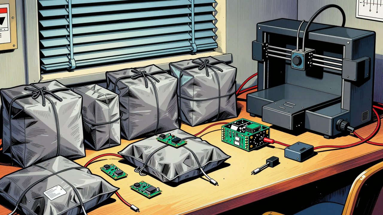Ilustración de una mesa desbordada de bolsas de envío con placas electrónicas, sensores y cables, junto a una caja impresa en 3D a medio terminar y una impresora 3D