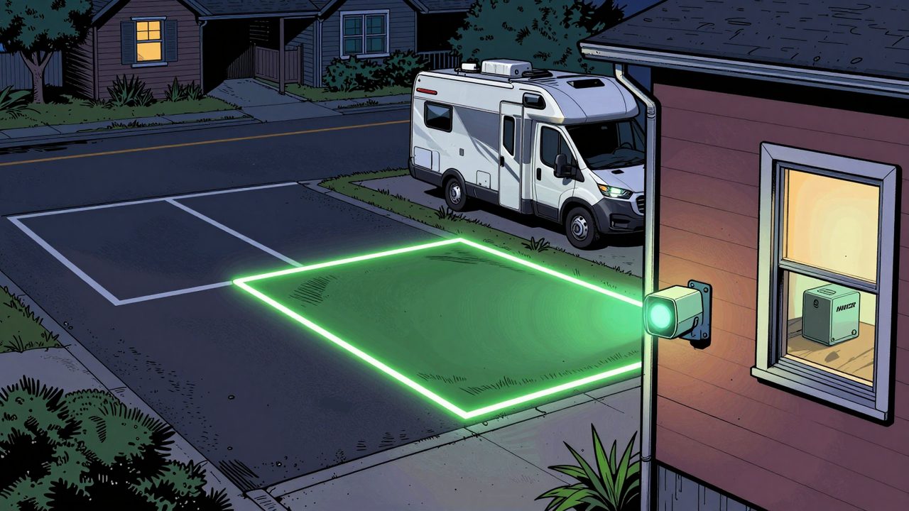 Ilustración de una cámara de vigilancia que marca un hueco libre para aparcar frente a una casa con una furgoneta esperando
