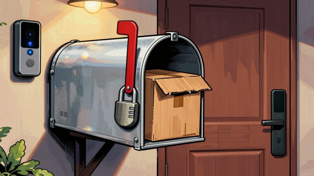 Ilustración de un buzón gigante con candado de combinación lleno de paquetes junto a una puerta con videoportero