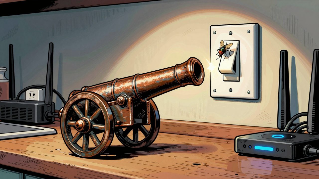 Ilustración de un pequeño cañón antiguo apuntando a una mosca posada en un interruptor, rodeado de cables, enchufes inteligentes y un router