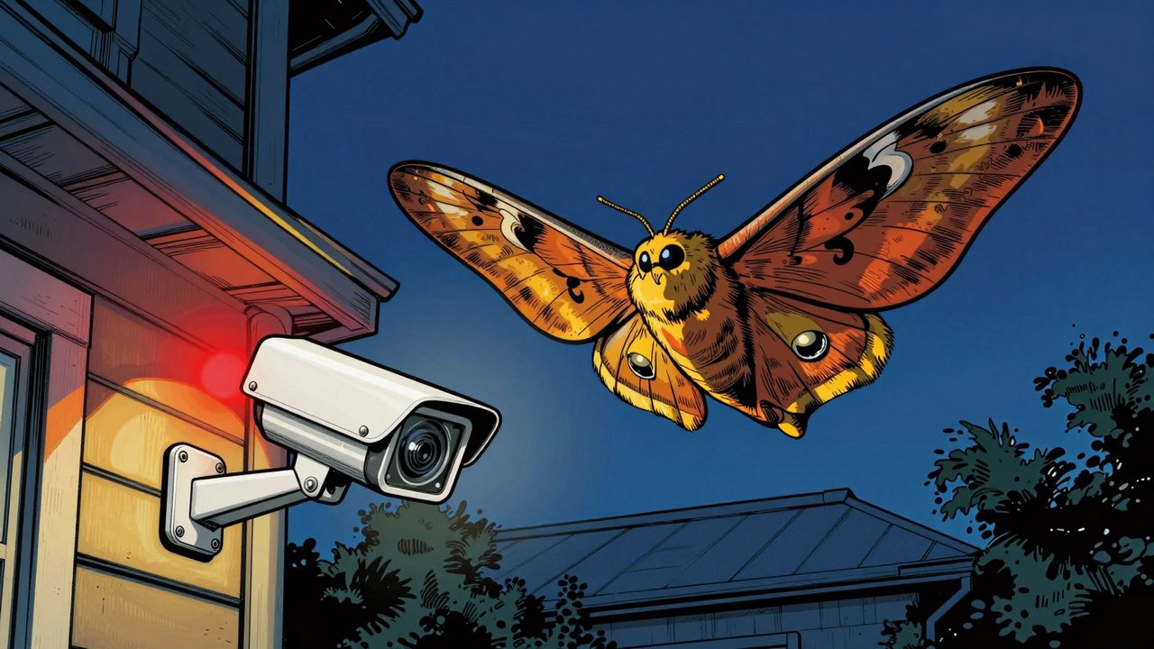 Ilustración de una cámara de seguridad en la fachada de una casa de noche, con la luz roja de alerta encendida, mientras una polilla gigantesca pasa volando junto a la lámpara del porche