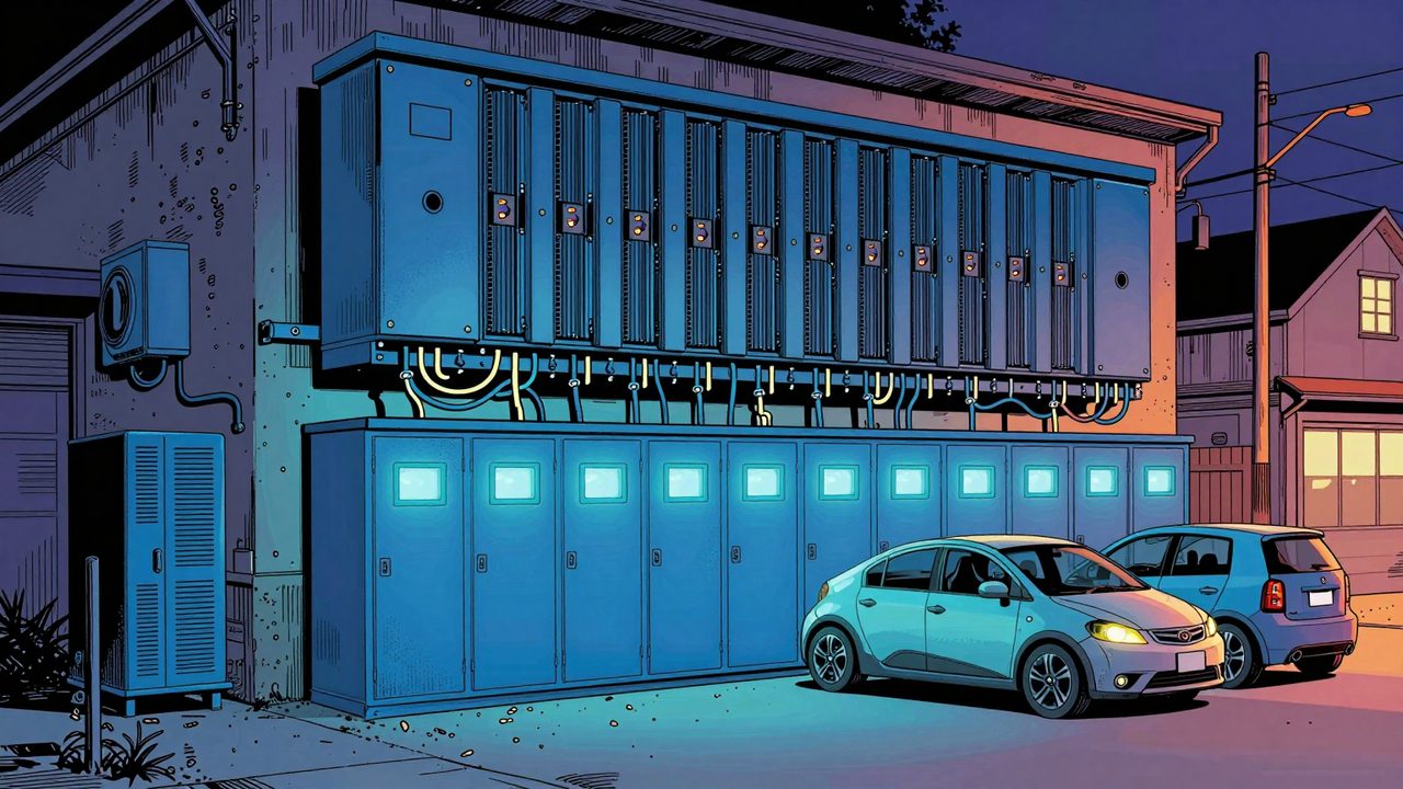 Ilustración de un garaje abarrotado de armarios de baterías azules y un enorme inversor, con dos coches eléctricos aparcados fuera en la calle de noche