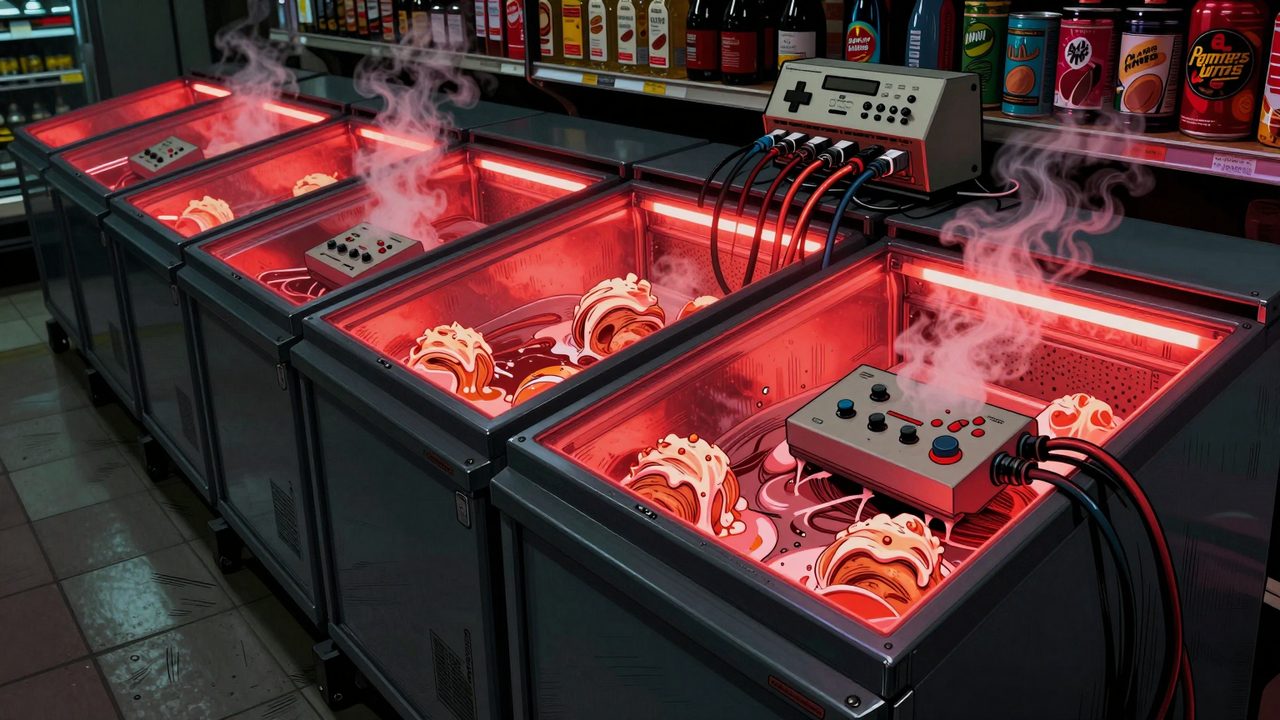 Ilustración de unos congeladores de supermercado iluminados en rojo de noche, con helados derritiéndose y un viejo controlador conectado a cables de red