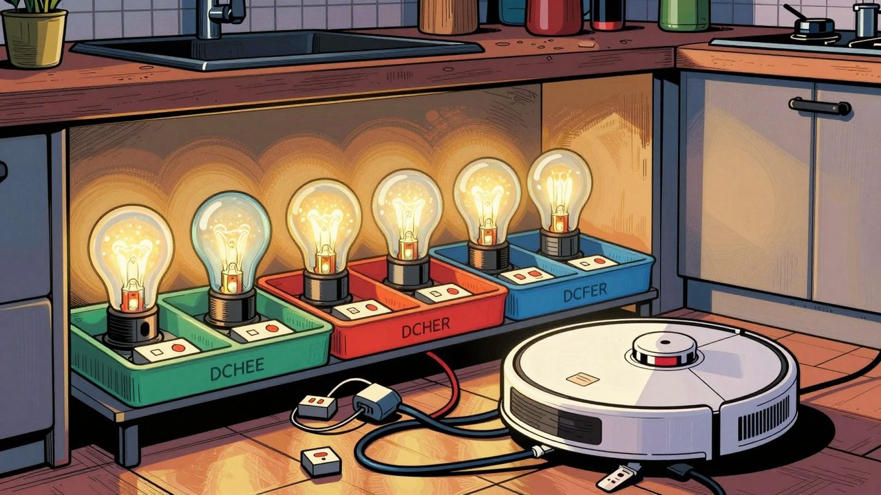 Ilustración de una cocina inteligente ordenada con bombillas clasificadas y un robot aspirador apartando un lío de interruptores y cables