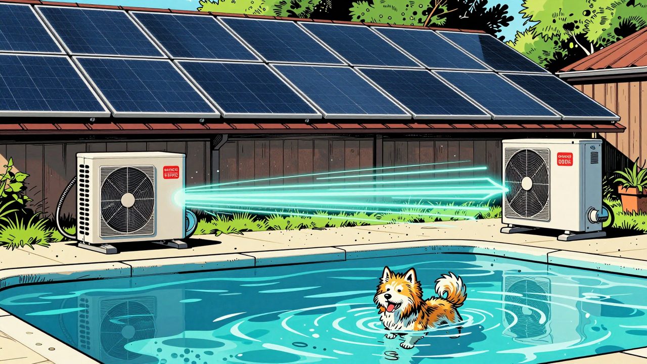Ilustración de una piscina al sol con el tejado lleno de placas solares alimentando la depuradora y la bomba de calor, con pelos de perro flotando