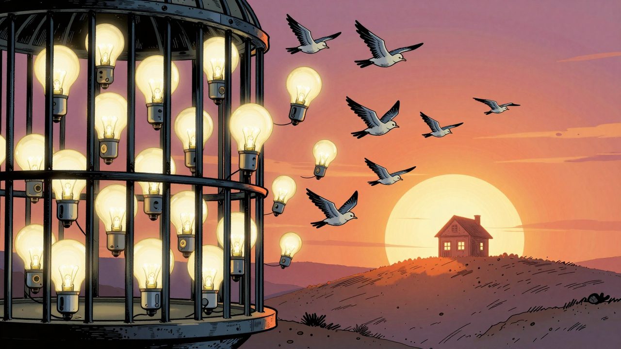 Ilustración de sensores y bombillas inteligentes escapando de una jaula y volando hacia un concentrador con forma de casa al amanecer