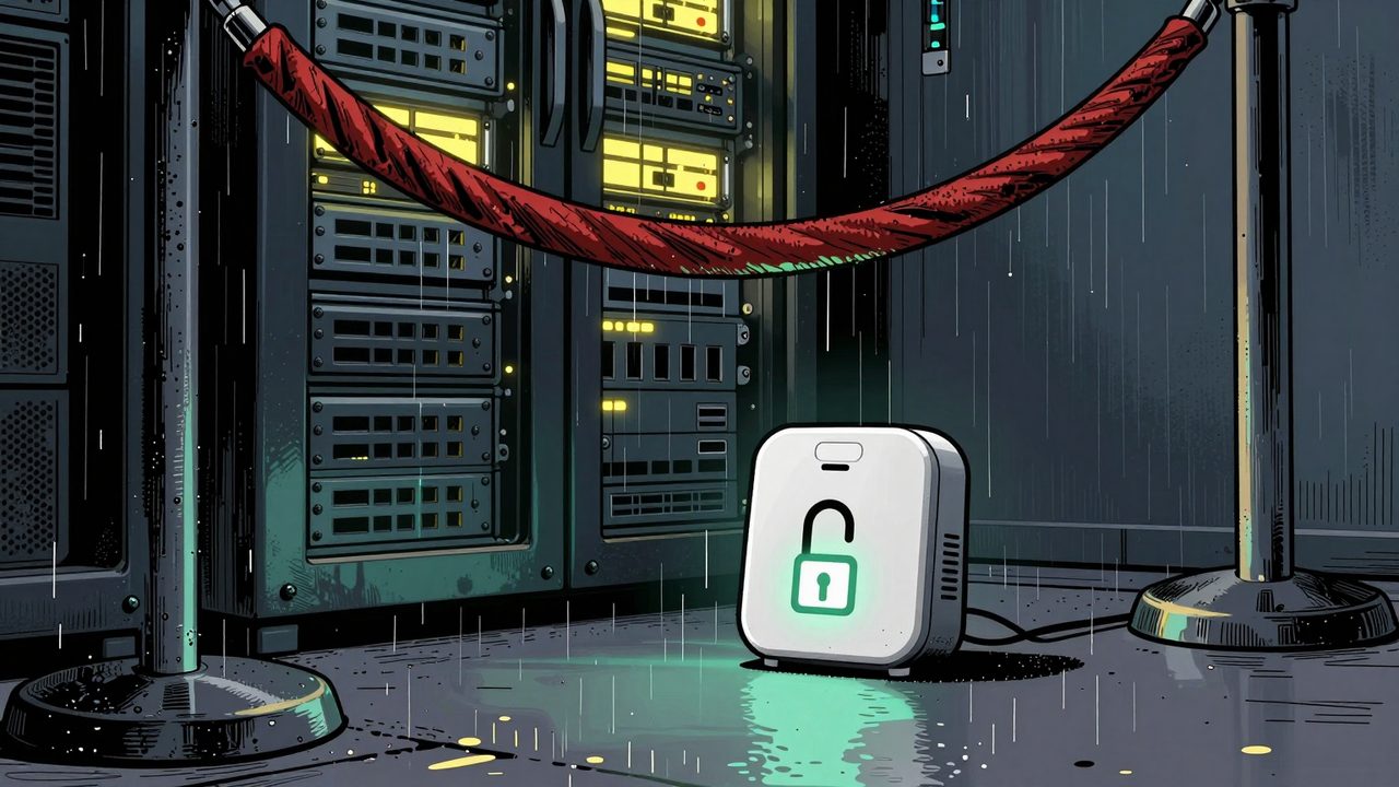 Ilustración de un pequeño sensor barato bajo la lluvia, excluido ante una gran torre de servidores iluminada tras un cordón de terciopelo