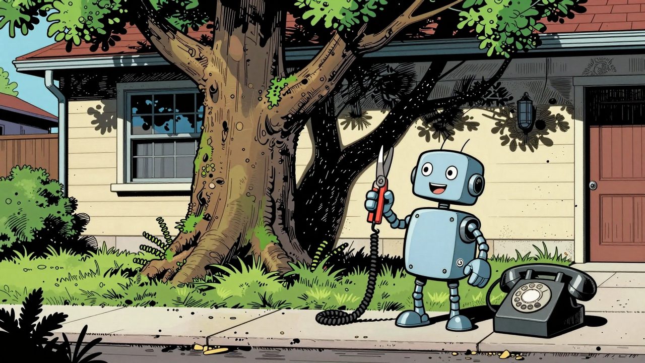 Ilustración de un árbol que invade la fachada de una casa, un pequeño robot con tijeras de podar listo para actuar y un viejo teléfono descolgado con un cable enredado larguísimo
