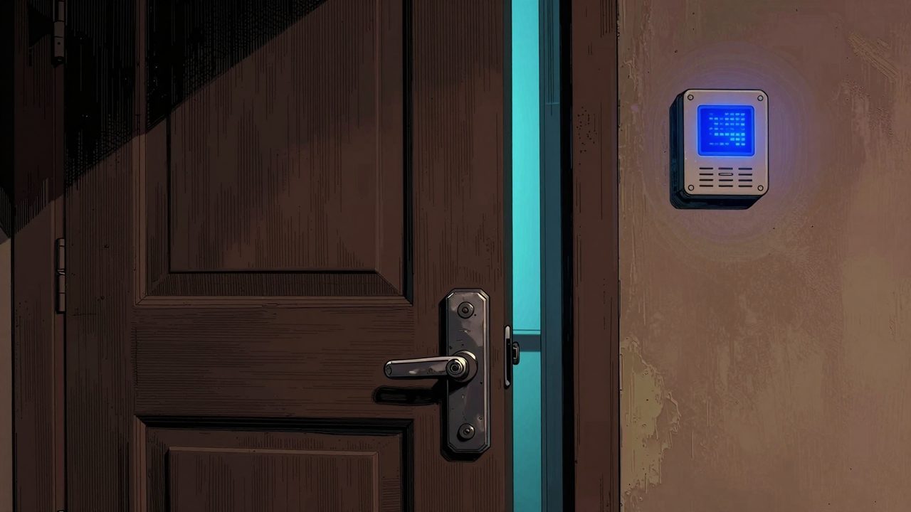 Ilustración de una puerta de noche con un cerrojo oculto que se cierra en el marco junto a un panel de alarma que parpadea en azul