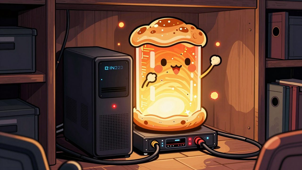 Ilustración de un pequeño servidor doméstico desbordado por una enorme base de datos que crece como una masa, con cables tensos y luces rojas de aviso