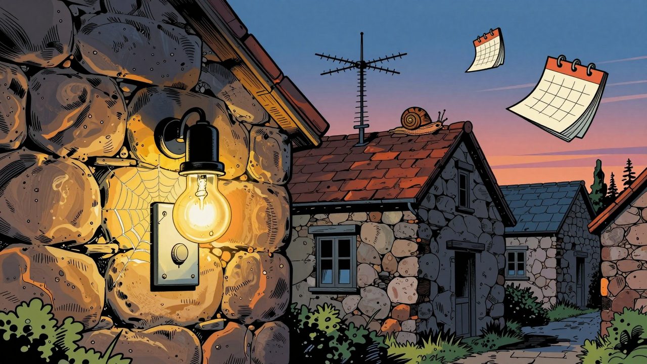 Ilustración de una casa de pueblo al anochecer donde una bombilla se enciende por fin, con telarañas en el interruptor, un caracol en la antena del tejado y hojas de calendario volando