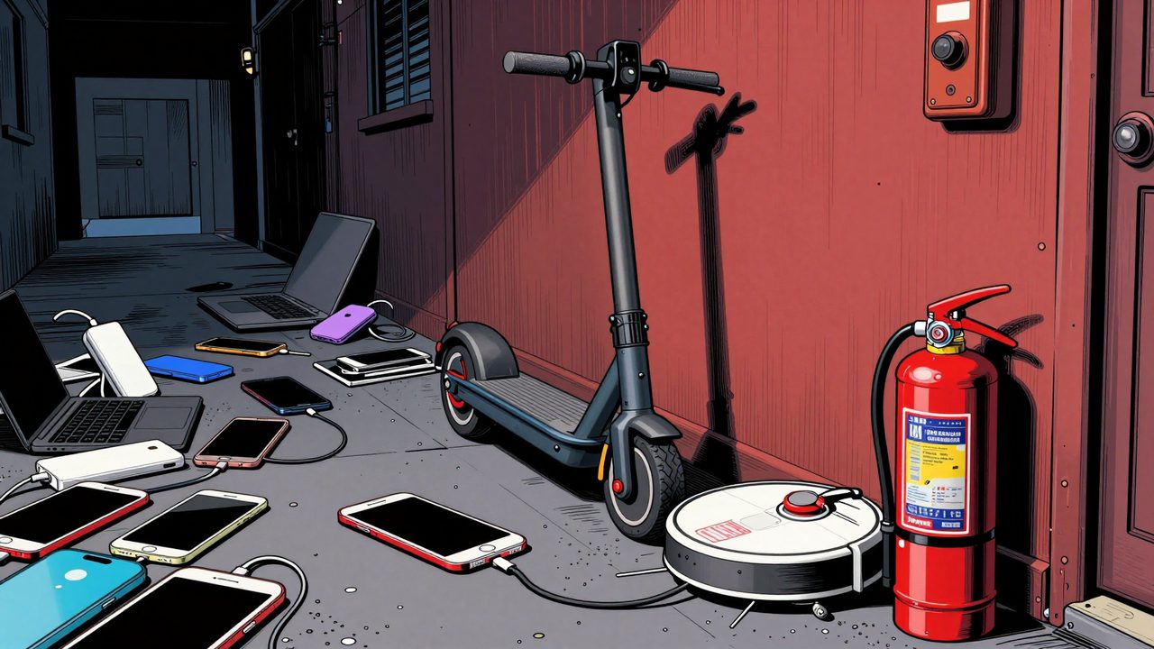Ilustración de un patinete eléctrico cargando de noche rodeado de móviles, portátiles y baterías, vigilado por un pequeño extintor en spray