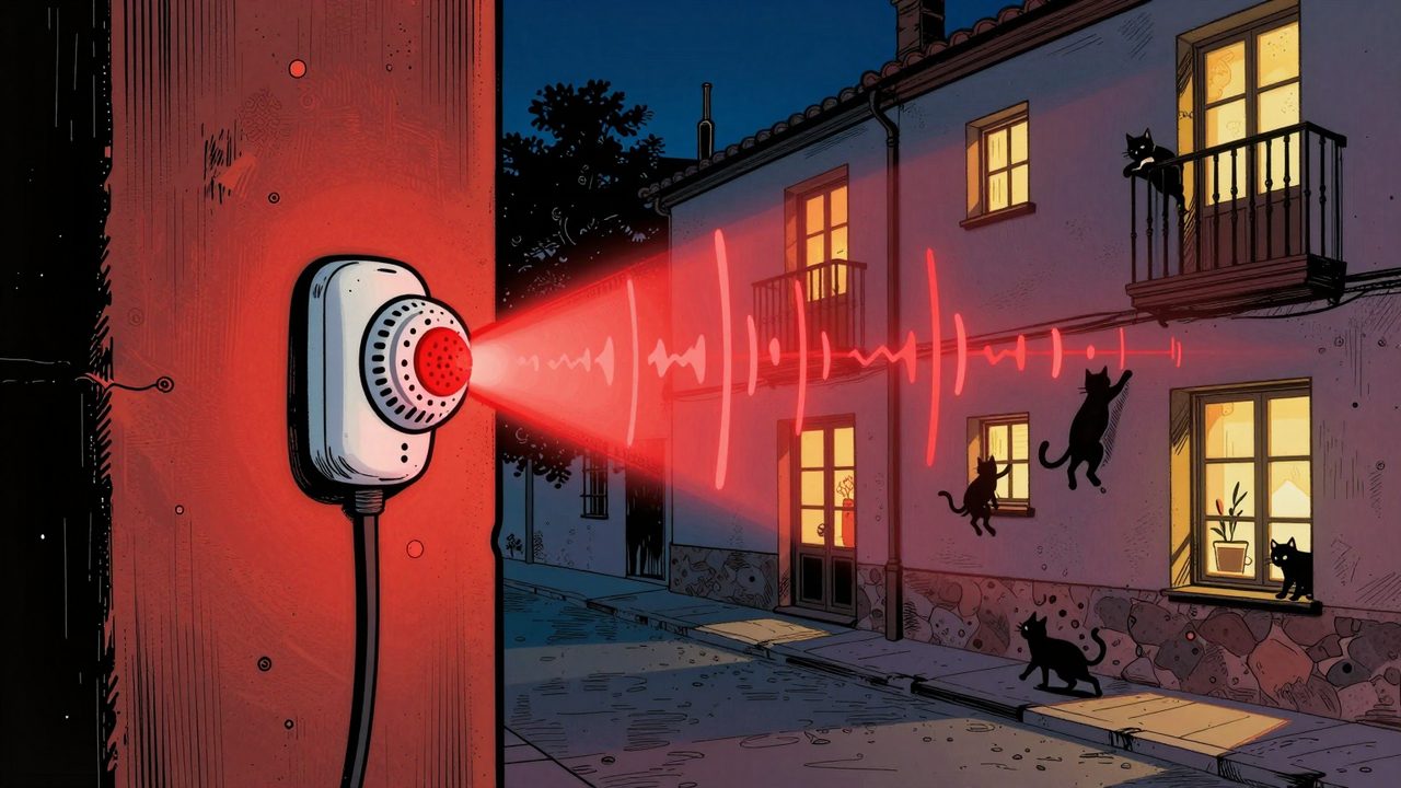 Ilustración de una sirena de alarma en la fachada de una casa de noche, con luz roja intermitente, ondas de sonido y gatos asustados huyendo