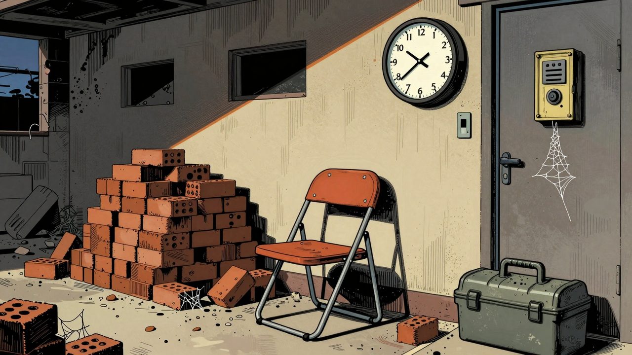 Ilustración de una obra vacía al anochecer con una silla solitaria, ladrillos sin tocar, un reloj de pared y una caja de herramientas llena de telarañas
