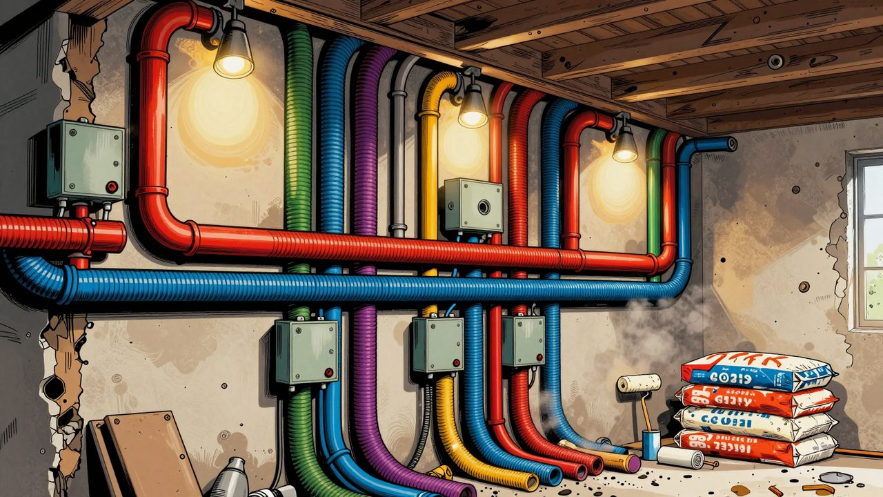Ilustración de una pared en obra atravesada por decenas de tubos eléctricos de colores que llegan en perpendicular a las cajas de registro