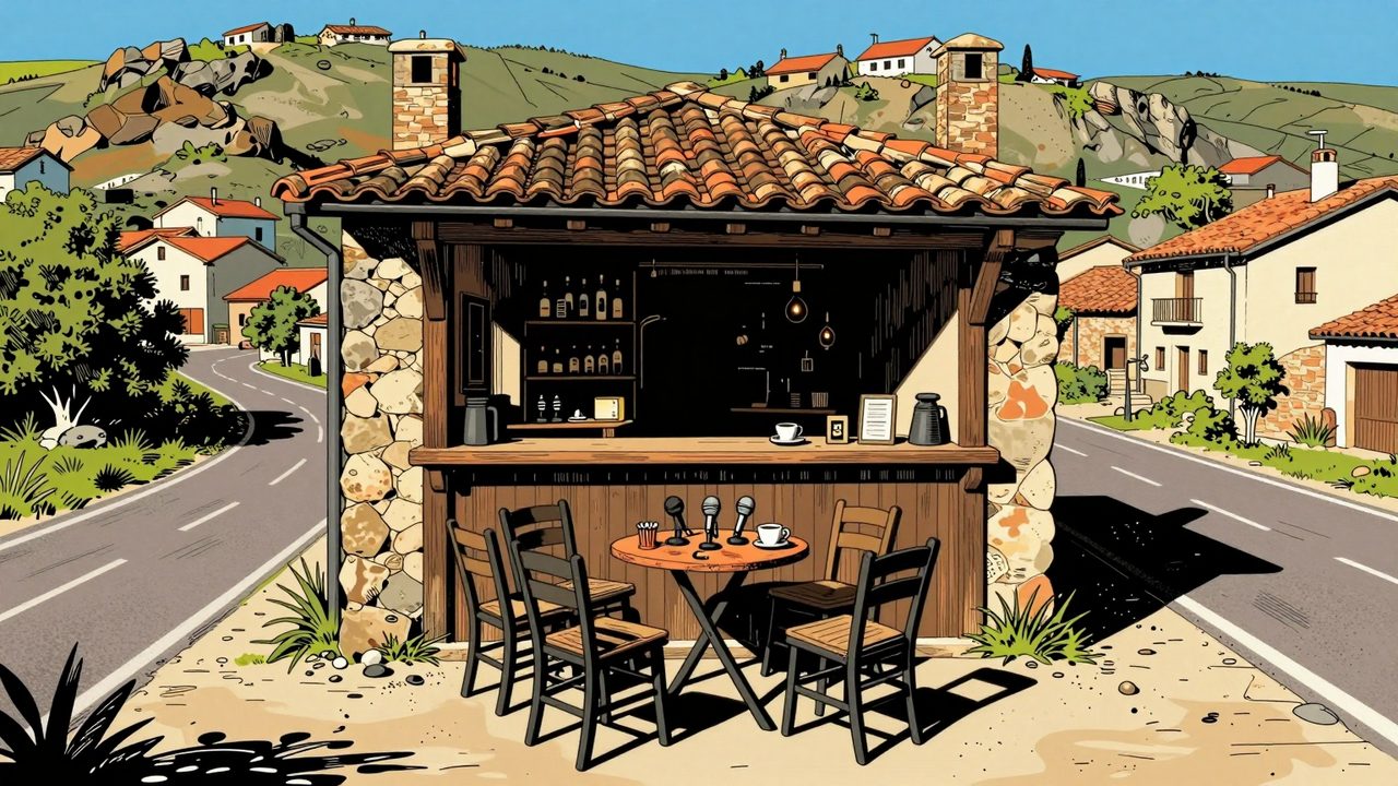 Ilustración de la terraza de un bar de pueblo entre montañas, con cuatro sillas vacías y cuatro micrófonos sobre la mesa, al que llegan caminos desde cuatro direcciones