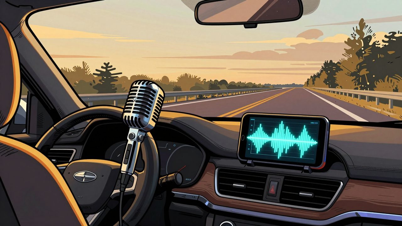 Ilustración del interior de un coche en carretera al atardecer, con un móvil que muestra una onda de sonido y un micrófono de estudio con el cinturón puesto en el asiento del copiloto