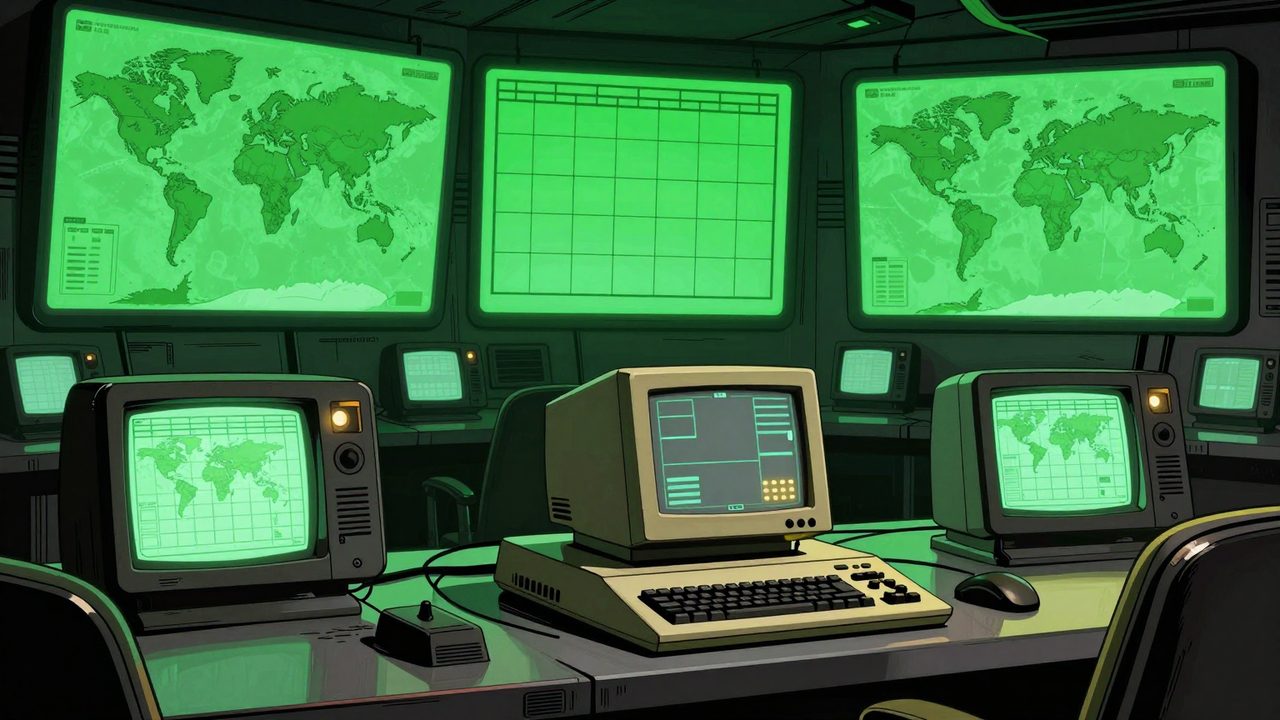 Ilustración de una sala de control de los años 80 con enormes pantallas verdes que muestran un mapa del mundo y un juego de cuadrícula, con un ordenador antiguo en el centro
