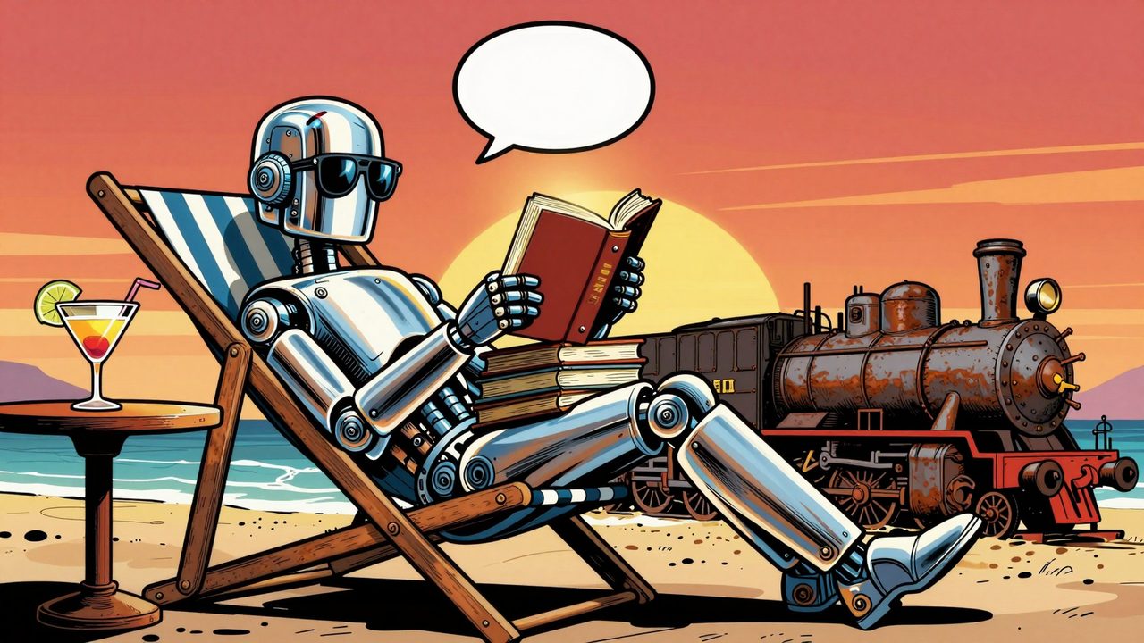 Ilustración de un robot con gafas de sol tumbado en una hamaca de chiringuito al atardecer hojeando libros, junto a una vieja máquina de vapor dormida y un bocadillo de chat vacío flotando