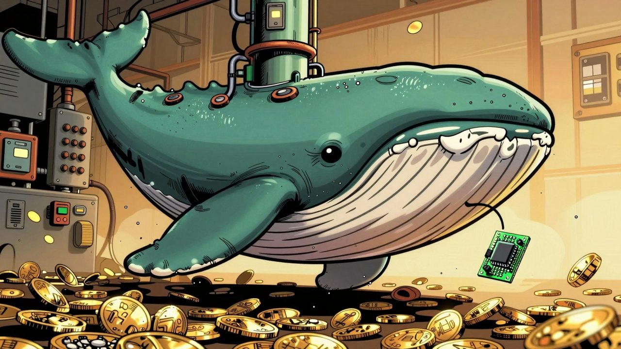 Ilustración de una enorme ballena verde hecha de cuadros eléctricos que se traga con suavidad un pequeño relé inteligente en un mar de monedas de oro